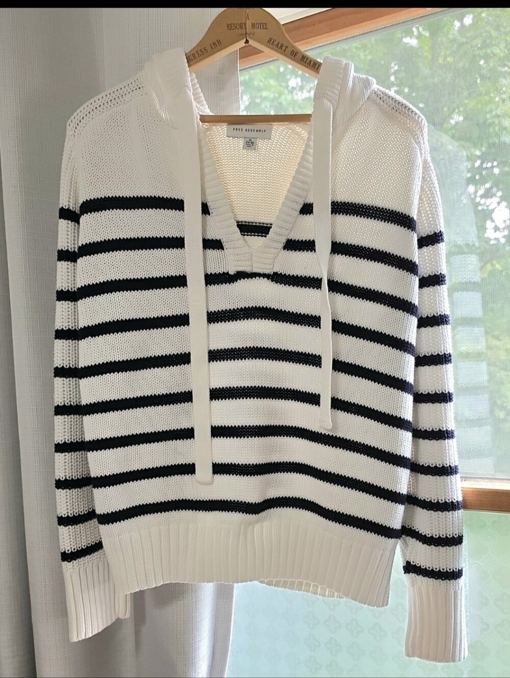 Free Assembly Women's Striped Knit Hooded Pullover Sweater White Black